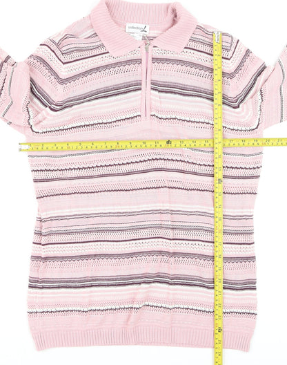 Collection L Women's Pink Striped Collared 3/4 Sleeve Knit Jumper Size 16