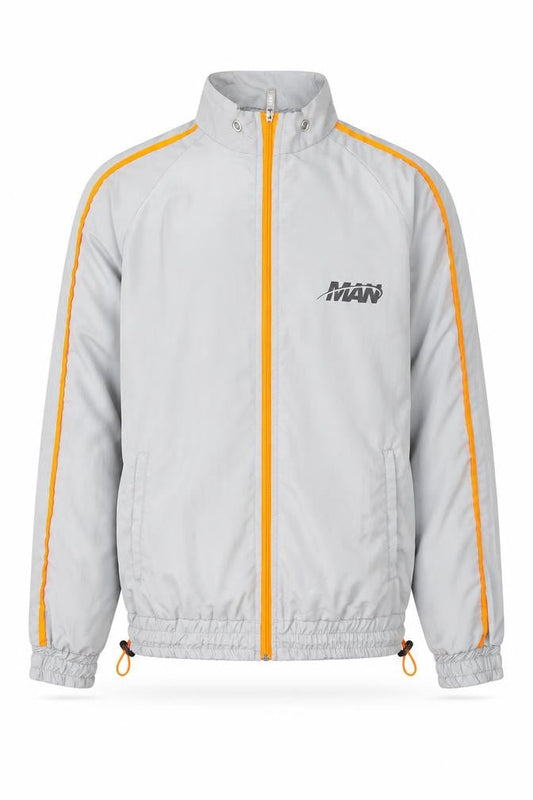 Front view of boohooMAN Men's Grey XS Track Jacket with Orange Trim Lightweight