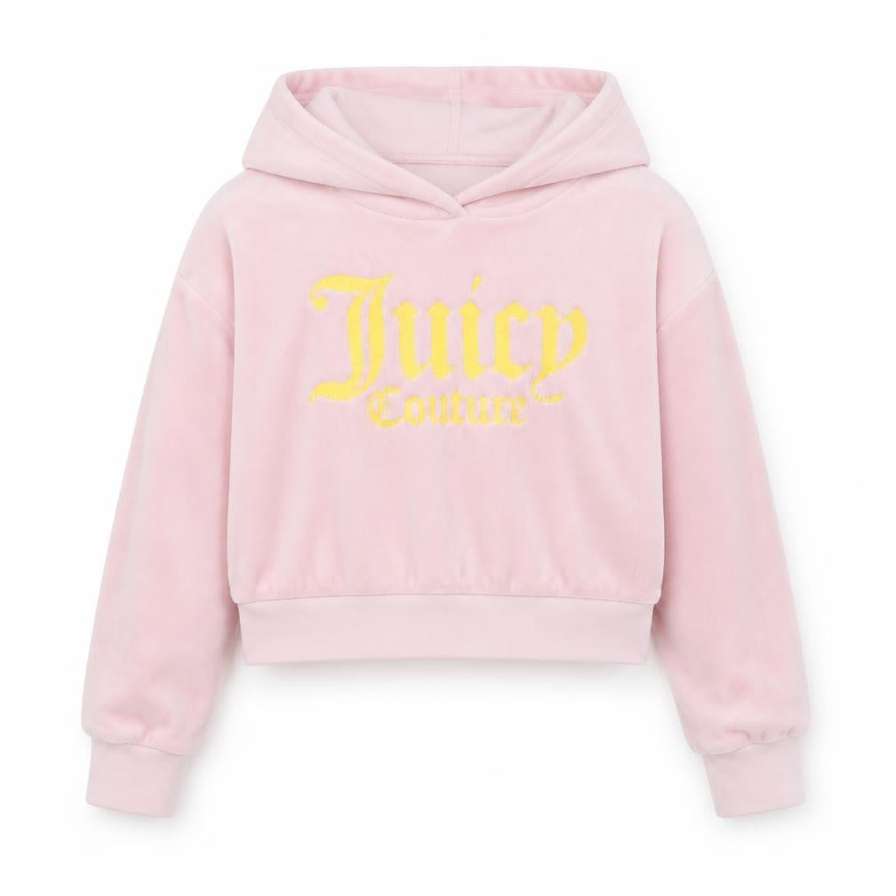 Front view of Juicy Couture girls’ pink velour logo hoodie, size 7-8, years