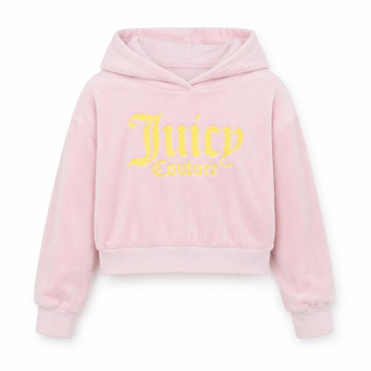 Front view of Juicy Couture girls’ pink velour logo hoodie, size 7-8, years