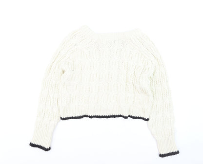 Zara Women Ivory Cable-Knit Crew Neck Jumper Size 8