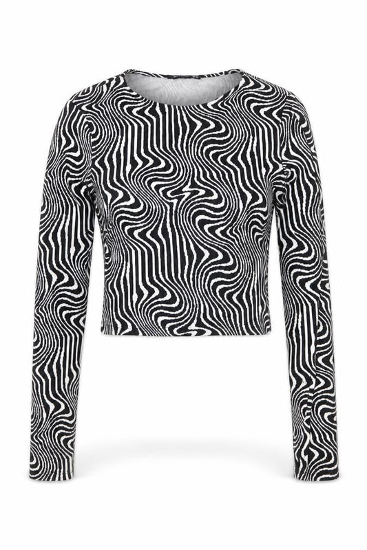 Stradivarius Womens Black Geometric Cropped Long Sleeve Top Size 12