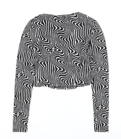 Stradivarius Womens Black Geometric Cropped Long Sleeve Top Size 12