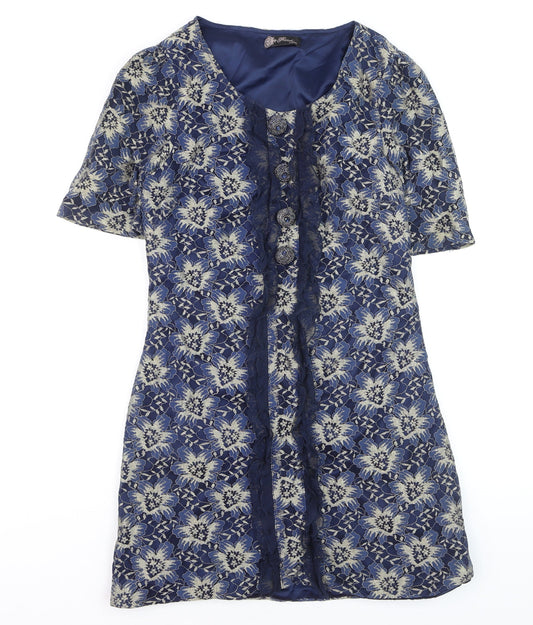 Awear Women Blue Floral Lace Shift Dress Size 14 Short Sleeve