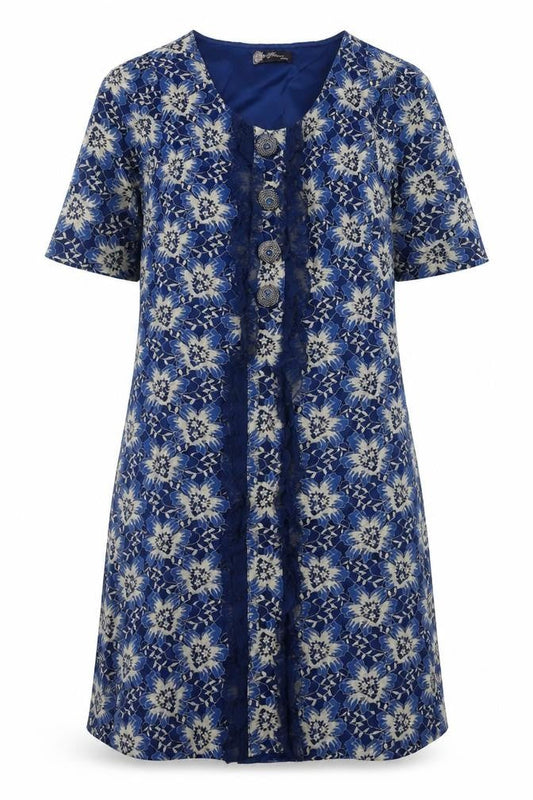 Awear Women Blue Floral Lace Shift Dress Size 14 Short Sleeve