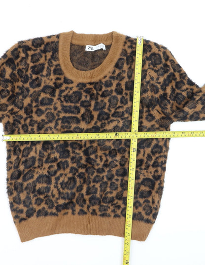 ZARA Women Brown Leopard Print Fuzzy Knit Jumper Size 12