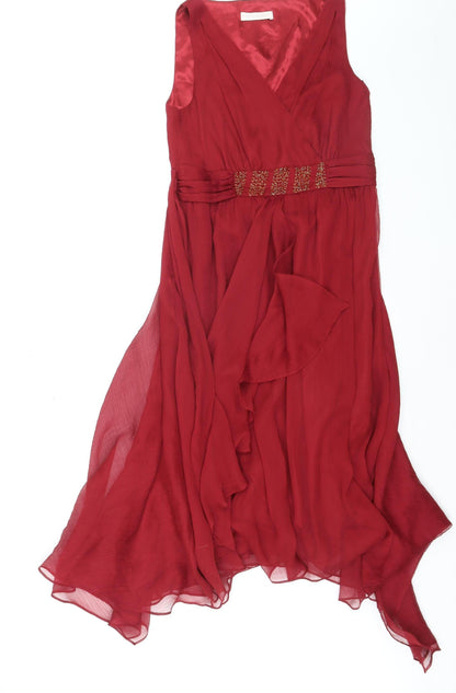 Teatro Women's Red Midi Wrap Dress Size 10 Beaded Chiffon