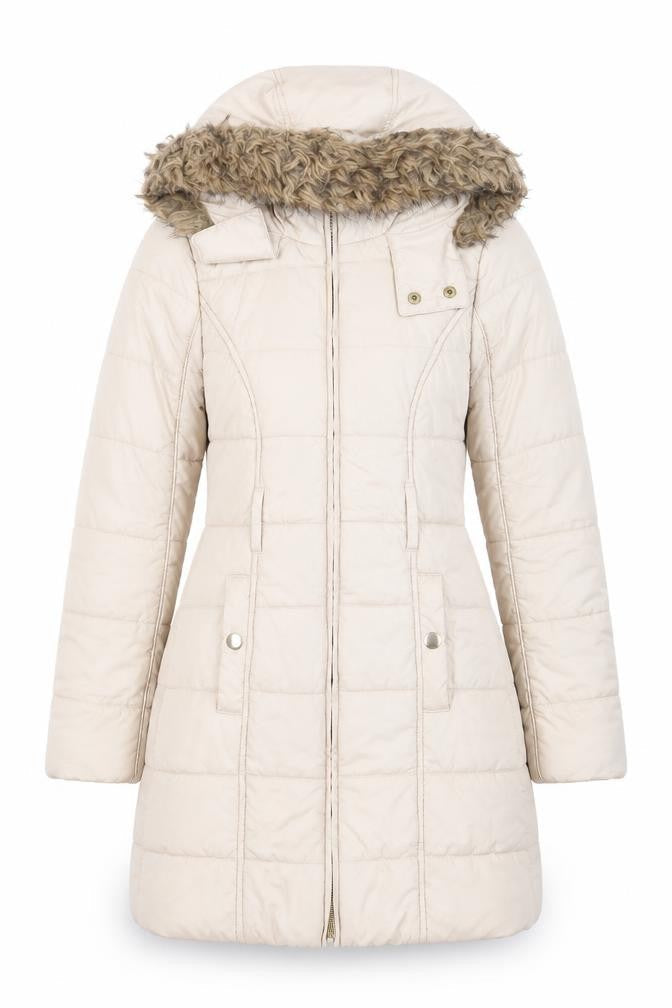 Front view of Dunnes Teens Beige Long Puffer Coat Hooded Faux Fur Trim, size 8
