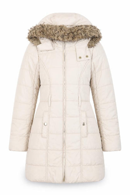 Front view of Dunnes Teens Beige Long Puffer Coat Hooded Faux Fur Trim, size 8