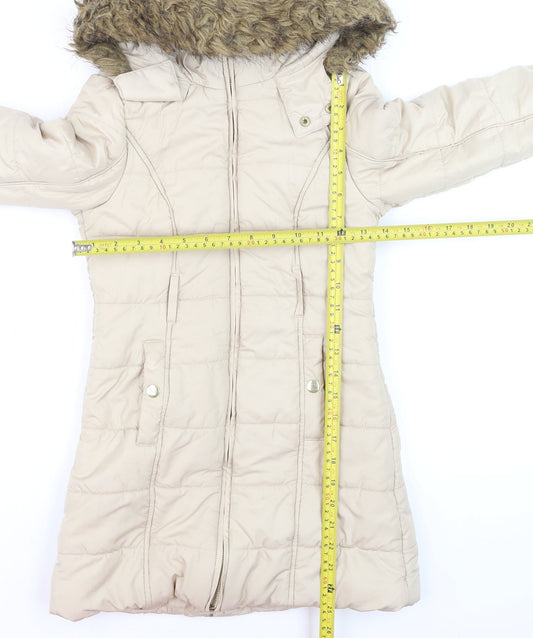 Dunnes Stores Teens Beige Long Puffer Coat Hooded Faux Fur Trim Size 8