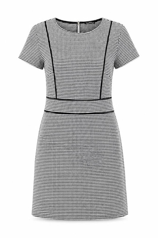 Front view of Miss Selfridge Women Black Houndstooth Shift Work Dress, size 12