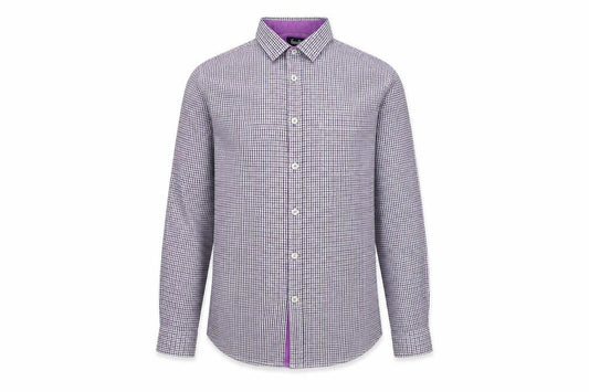 Front view of Eighteen 87 boys’ purple check long sleeve school dress shirt 15-16 years