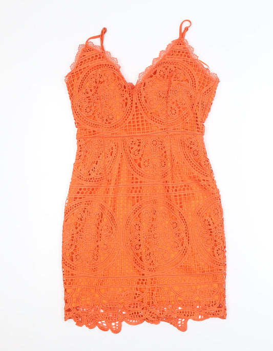 PrettyLittleThing Women Orange Lace Bodycon Short Dress Size M