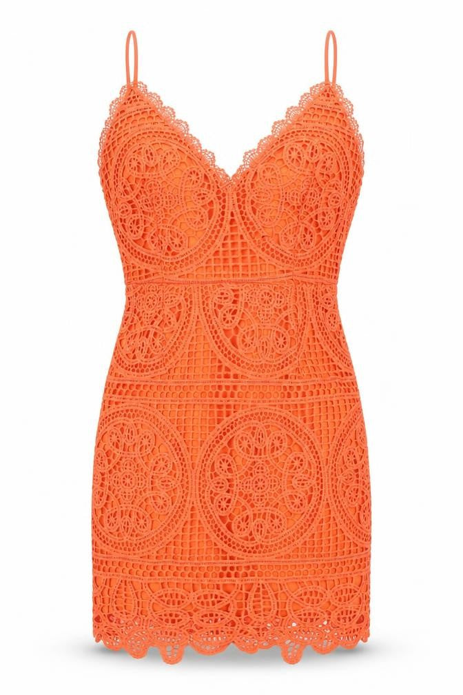 PRETTYLITTLETHING Women Orange Lace Bodycon Short Dress Size M