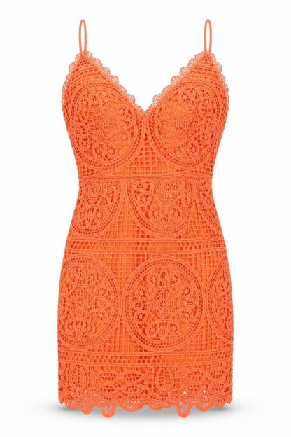 PRETTYLITTLETHING Women Orange Lace Bodycon Short Dress Size M
