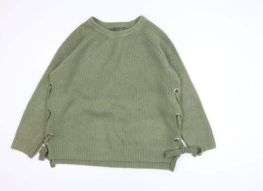 Primark Women's Green XL Ribbed Knit Pullover Jumper with Side Lace-Up