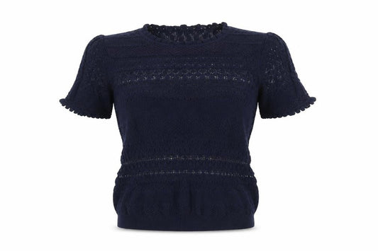 Front view of Gallery Women's Blue Short Sleeve Knit Blouse, size L