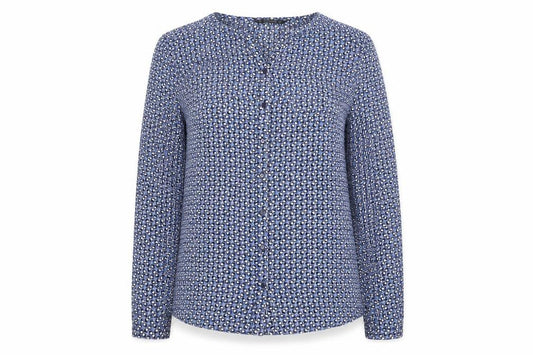 Front view of Dunnes Women Blue Geometric Long Sleeve V-Neck Blouse, size 12