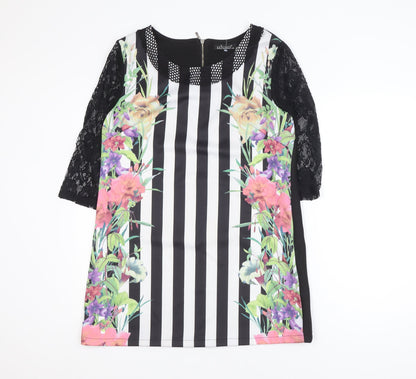 EXJUISS'S Women Black Floral Striped Lace Shift Dress L Knee Length