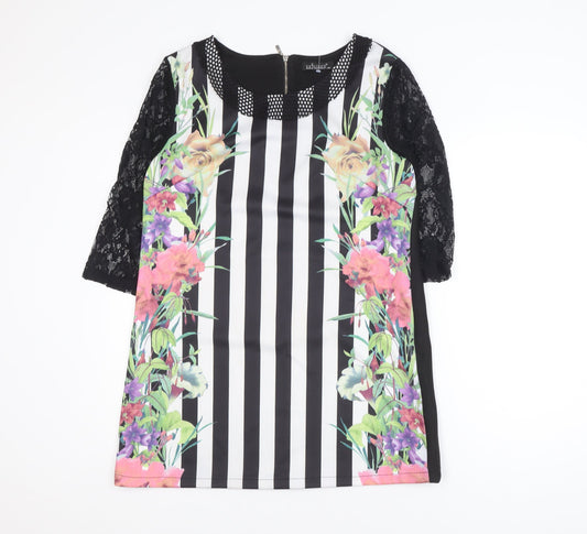 EXJUISS'S Women Black Floral Striped Lace Shift Dress L Knee Length