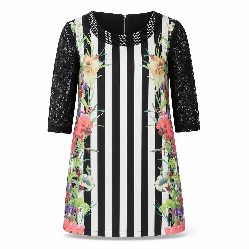 EXJUISS'S Women Black Floral Striped Lace Shift Dress L Knee Length
