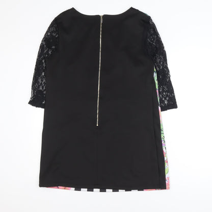 EXJUISS'S Women Black Floral Striped Lace Shift Dress L Knee Length