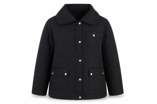 Front view of Lucid unisex black quilted mid-length jacket, size 16