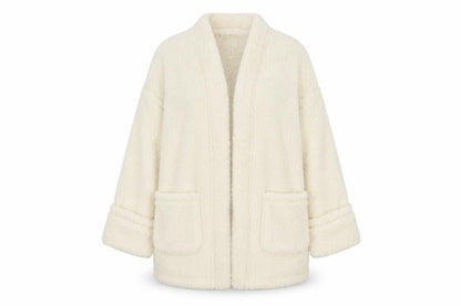 Marks & Spencer Women Ivory Fleece Coatigan L Relaxed Fit Open Front