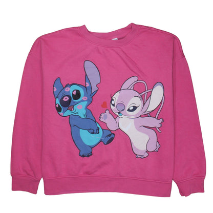 Disney Women Pink Stitch & Angel Sweatshirt L 14/16 Pullover Crew Neck