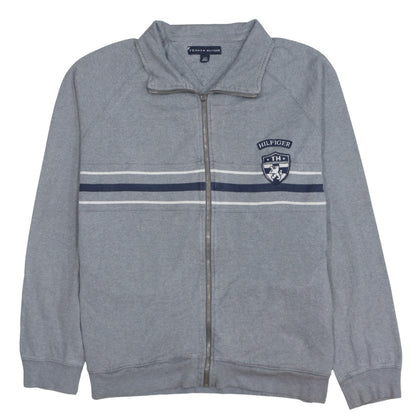 Tommy Hilfiger Men's Grey Full Zip Sweatshirt L Logo Striped Cotton