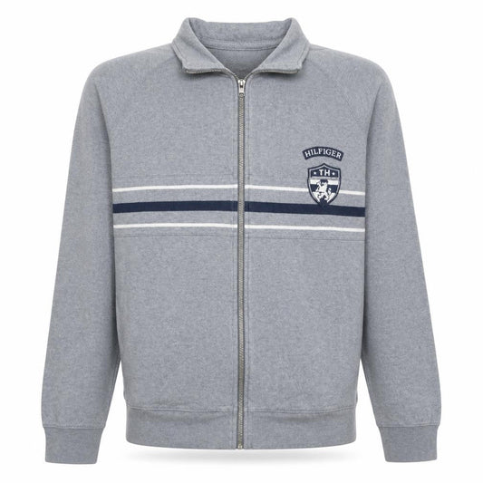 Tommy Hilfiger Men's Grey Full Zip Sweatshirt L Logo Striped Cotton