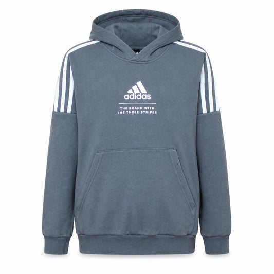 Front view of Adidas boys’ grey pullover hoodie 14 years logo hooded sweatshirt