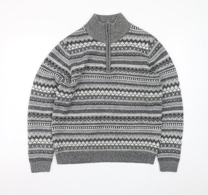 Dunnes Stores Men's Grey Fair Isle 1/2 Zip Wool Blend Jumper Size S