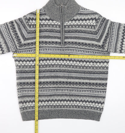 Dunnes Stores Men's Grey Fair Isle 1/2 Zip Wool Blend Jumper Size S