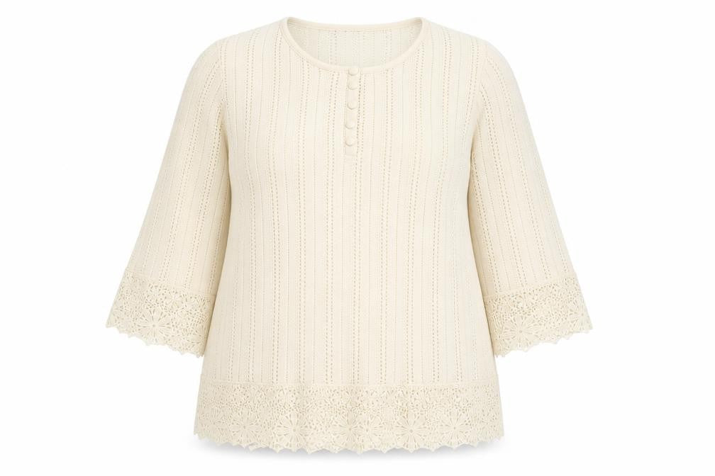 Front view of Gallery Women’s Ivory Crochet Trim Blouse UK XL 3/4 Sleeve Tunic