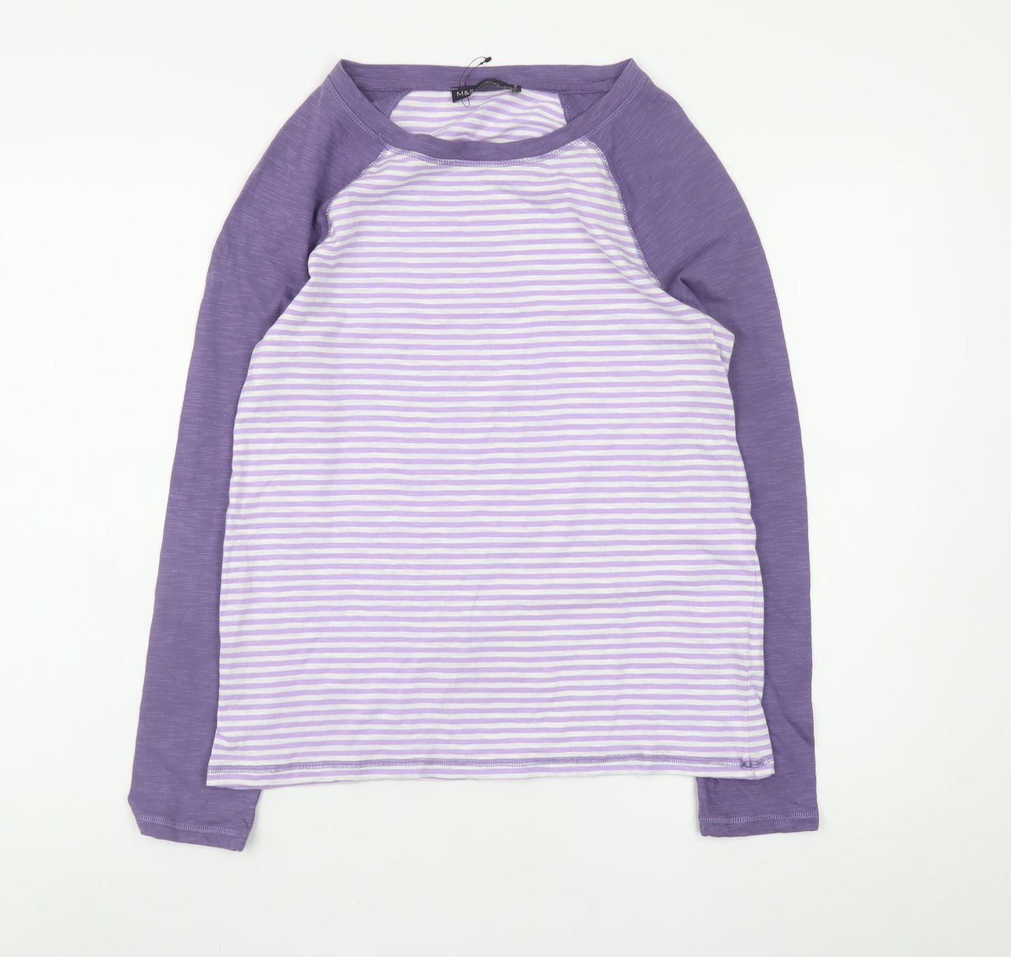 Marks and Spencer Women Purple Striped Long Sleeve Cotton T-Shirt Size 8