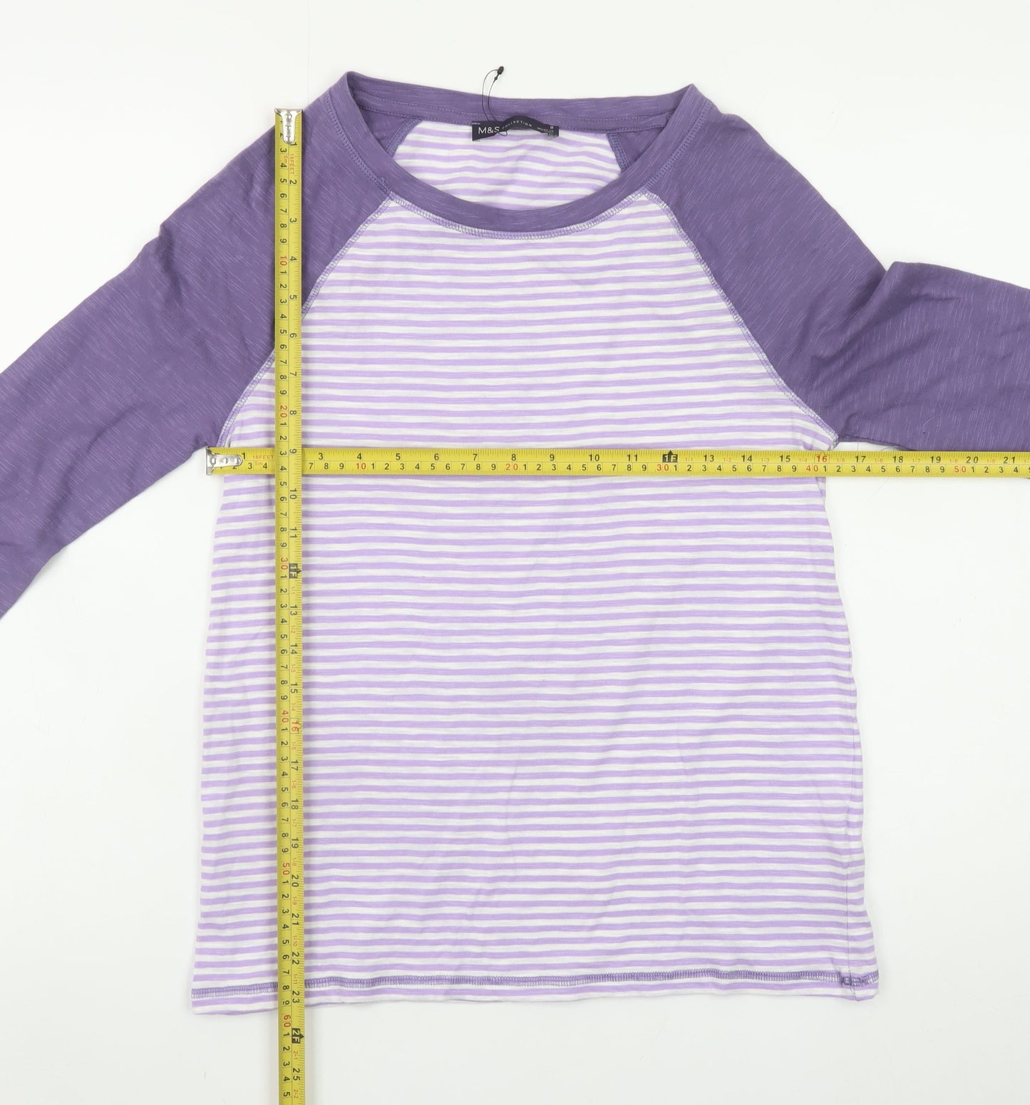 Marks and Spencer Women Purple Striped Long Sleeve Cotton T-Shirt Size 8