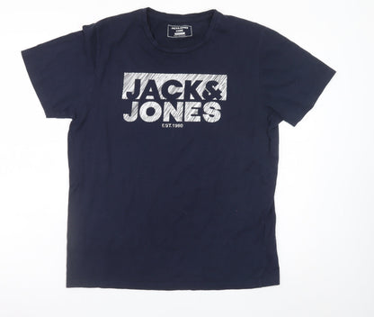 Jack & Jones Men Blue Regular Fit Logo Cotton T-Shirt L