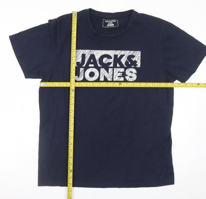 Jack & Jones Men Blue Regular Fit Logo Cotton T-Shirt L