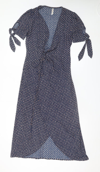 Stella Morgan Women's Blue Geometric Wrap Midi Dress Size 8