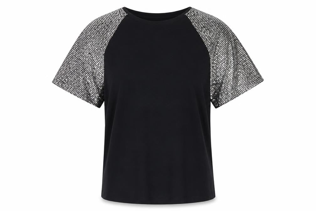 Lipsy Womens Black Sequin Sleeve Raglan Short Sleeve T-Shirt Size 12