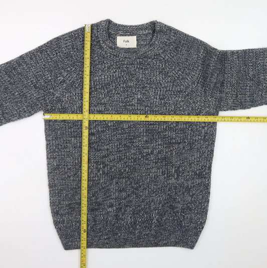Folk Men's Blue Chunky-Knit Crew Neck Wool Blend Pullover Jumper M