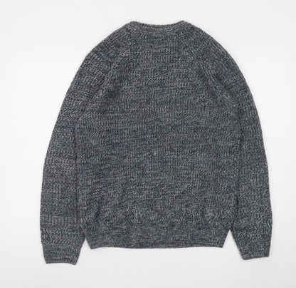 Folk Men's Blue Chunky-Knit Crew Neck Wool Blend Pullover Jumper M