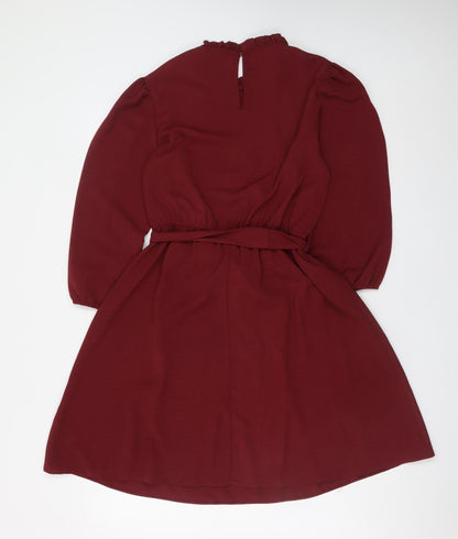 New Look Women Red A-Line Short Dress Size 14 3/4 Sleeve Belted