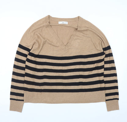 MNG Women Beige Black Striped V-Neck Cotton Pullover Jumper Size S