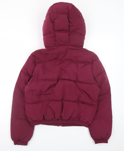 Pull & Bear Women's Red Hooded Puffer Jacket Size 8
