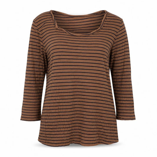 Front view of Red Herring Maternity Brown Striped 3/4 Sleeve Top, size 12