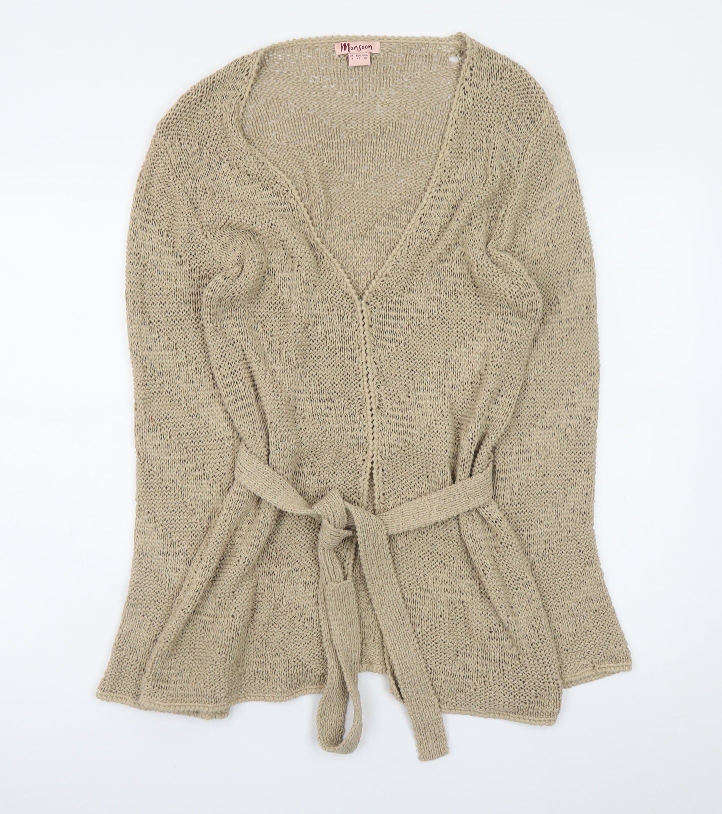Monsoon Women Beige V-Neck Long Sleeve Open Knit Cardigan Size 14