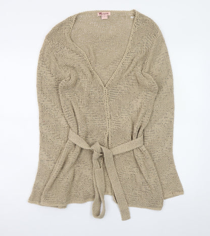 Monsoon Women Beige V-Neck Long Sleeve Open Knit Cardigan Size 14