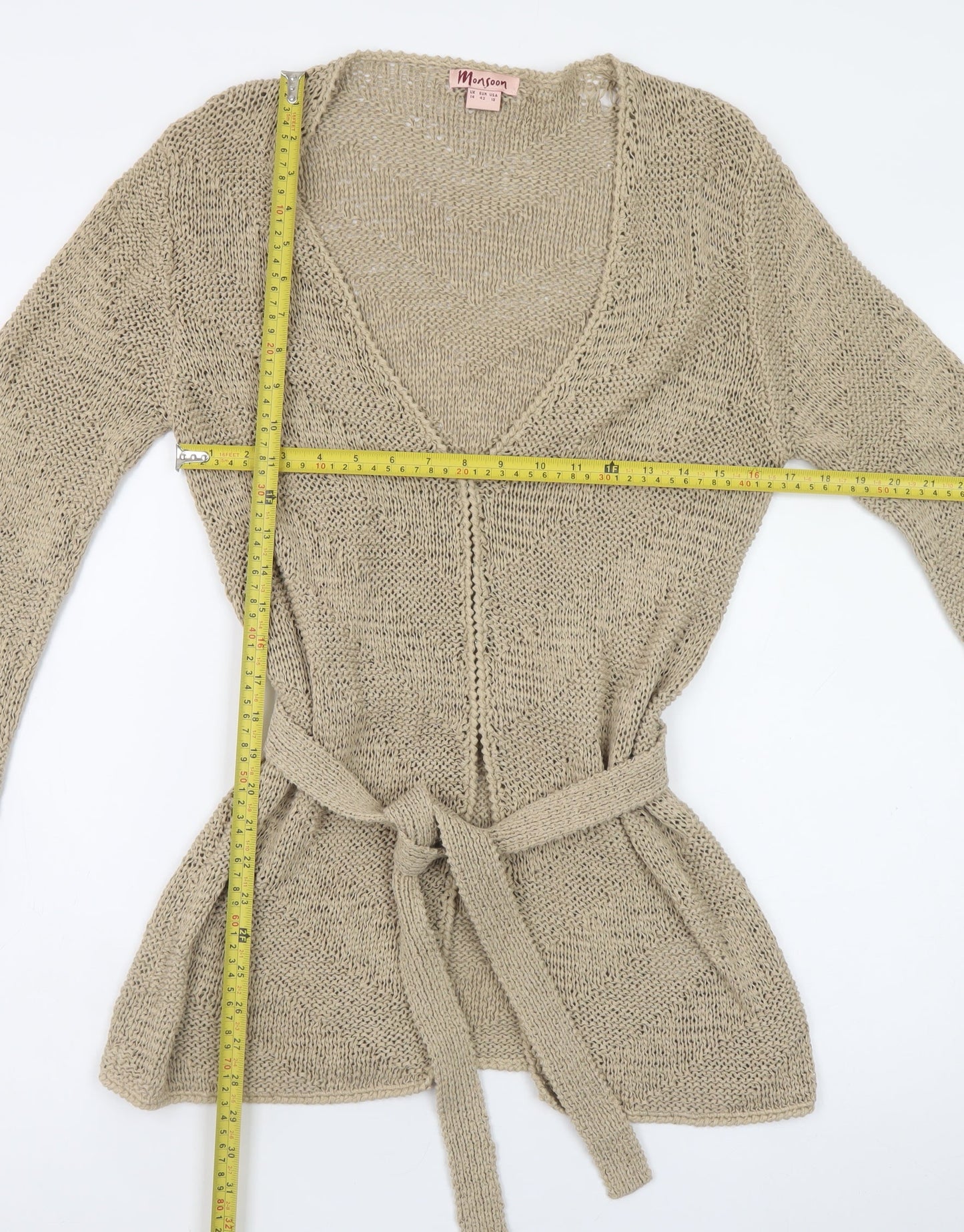 Monsoon Women Beige V-Neck Long Sleeve Open Knit Cardigan Size 14
